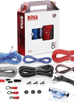 BOSS Audio Systems KIT2 8 Gauge Complete Car Amplifier Installation Wiring Kit with Power Cables, Ground Cables, Turn-On Wire, Speaker Wire, Terminals