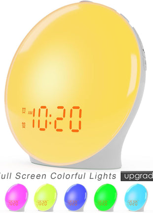 JALL Full-Screen Wake Up Light Sunrise Alarm Clocks for Bedrooms, White Noise Machine for Heavy Sleepers, 25 Natural Sounds, Dual Alarms, FM Radio, 17 Dimmable Colors, Bluetooth Speaker