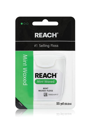 REACH Waxed Dental Floss, Mint, Plaque Remover for Teeth, Shred Resistant, Floss Slides Smoothly, Easy to Use, Waxed, Deep Cleaning Teeth, Oral Care, PFAS Free, for Adults & Kids, 1 Pack, 55 yd