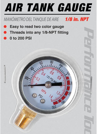 Performance Tool W10055 0-200 PSI Air Gauge for Air Tank Accessory | Easy-to-read two-color dial. Small pressure gauge for air compressors. NPT fitting.