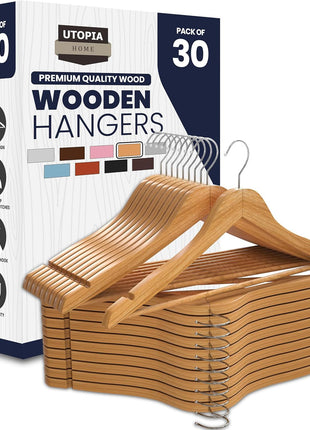 Utopia Home Premium Wooden Hangers 30 Pack - Durable & Slim Coat Hanger - Suit Hanger with 360-Degree Rotatable Hook - Wood Hangers with Shoulder Grooves (Natural Color)