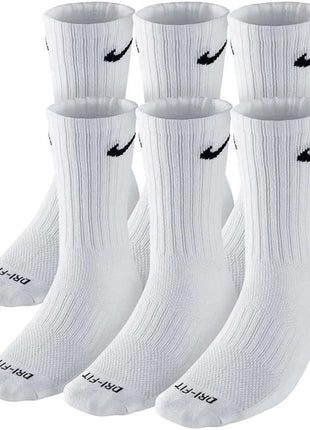 NIKE Dri-FIT Cushion Crew Training Socks (6 Pair) White With Traditional Black Swoosh Logo ADULT LARGE 8-12 UNISEX