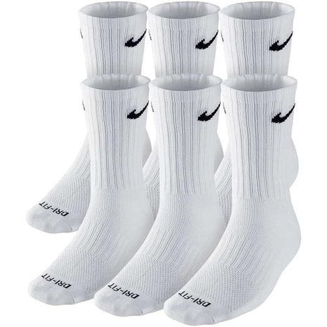 NIKE Dri-FIT Cushion Crew Training Socks (6 Pair) White With Traditional Black Swoosh Logo ADULT LARGE 8-12 UNISEX