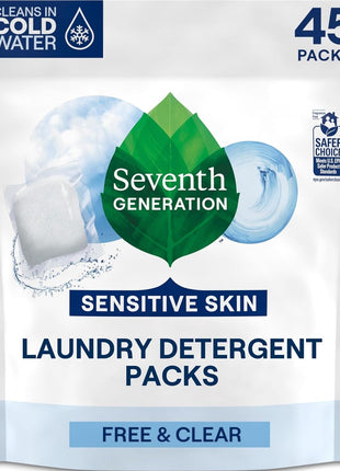 Seventh Generation Laundry Detergent Packs, Free & Clear, Made for Sensitive Skin, 45 Count