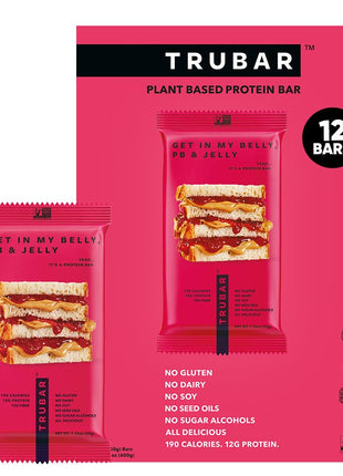 TRUBAR Vegan Protein Bar, Get In My Belly Pb & Jelly, Gluten Free, Plant Based, High Fiber, Dairy Free, Low Fat, Non GMO, No Sugar Alcohols, 12G Lean Protein, 13G Fiber, Healthy Snack Bars, 12 CT