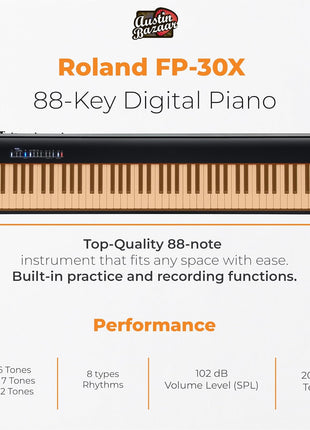 Roland FP 30x 88 Key Digital Piano   Black Bundle with KSC 70 Stand, KPD 70 Three Pedal Unit, Bench, Online Lessons, Austin Bazaar Instructional DVD, and Polishing Cloth