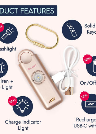 She's Birdie 3.0 New Version – The Original Personal Safety Alarm for Women by Women–Loud Siren, Flash Light and Rechargeable Battery in a Variety of Colors (Metallic Rose Pink)