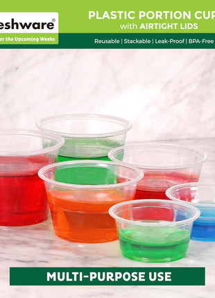 Freshware Plastic Portion Cups with Lids [2 Ounce, 200 Sets] Disposable Plastic Cups for Meal Prep, Salad Dressing, Jellos Shot Cups, Souffle Cups, Condiment and Dipping Sauce Cups