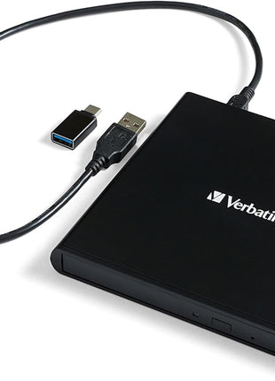 Verbatim Slim External Burner CD/DVD +/-RW Optical Drive USB 2.0 with USB A to USB C Adapter and M-DISC Support - Mac & PC Compatible Nero Burn & Archive Software Included (Windows only)