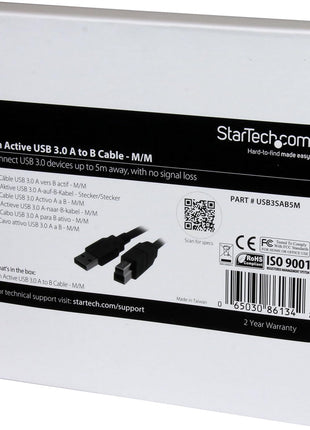 StarTech.com 5m 15 ft Active USB 3.0 (5Gbps) USB-A to USB-B Cable - M/M - USB A to B Cable - USB 3.2 Gen 1, TAA (USB3SAB5M)