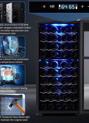 66 bottles Wine Fridge Full Size Single Zone - Tall Wine Cooler Cellars Large Cabinet Wine Refrigerator Home Bar Chiller Freestanding with French Glass Door