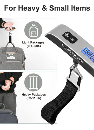 travel inspira Luggage Scale, Portable Digital Hanging Baggage Scale for Travel, Suitcase Weight Scale with Rubber Paint, 110 Pounds, Battery Included - Silver