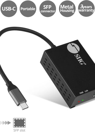 SIIG USB-C to SFP Fiber Gigabit Ethernet Adapter, 1 Gbps, Power Saving Mode IEEE 802.3az, Secure Network Connectivity, Heat Dissipation, Windows and Mac - TAA Compliant (JU-NE0D11-S1)