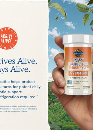 Garden of Life Raw Probiotics for Women and Men with Digestive Enzymes, 100 Billion CFU, Clinically Studied Strains, Shelf Stable, 30 Capsules