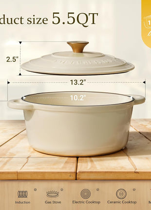 Overmont Enameled Cast Iron Dutch Oven - 5.5QT Pot with Lid Cookbook & Cotton Potholders - Heavy-Duty Cookware for Braising, Stews, Roasting, Sourdough Baking Cream White