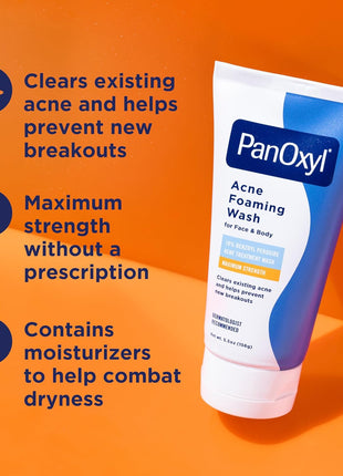 PanOxyl 10% Benzoyl Peroxide Acne Foaming Wash, Maximum Strength, Daily Acne-Fighting Face and Body Cleanser, Face Wash to Clear, Treat and Prevent Acne Pimples and Stubborn Breakouts, 5.5 Oz Tube