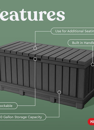 Keter Kentwood 92 Gallon Resin Deck Box-Organization and Storage for Patio Furniture Outdoor Cushions, Throw Pillows, Garden Tools and Pool Floats, Dark Grey