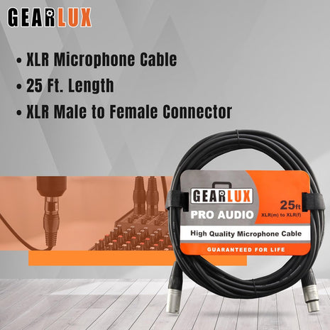 Gearlux XLR Microphone Cable, Fully Balanced, Male to Female, 25 Feet - 2 Pack
