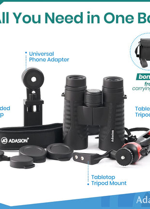 12x42 HD Binoculars for Adults High Powered with Phone Adapter and Tripod, Super Bright BAK4 Prism Waterproof Binoculars for Bird Watching Hunting Hiking Safari Travel Sports