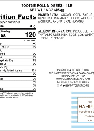 Tootsie Roll Midgees, 1lb Bulk Bag (Approx. 70 Pieces), Mini Chewy Candies, Individually Wrapped Bulk Candy, Chocolate Candies, The Hampton Popcorn & Candy Company