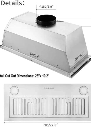 Range Hood Insert 30 inch,Stainless Steel Kitchen Vent Hood 600CFM,Built-in Kitchen Stove Hood w/Front Button Controls and Front LED Lights,Baffle Filters,Ducted/ductless Convertible Duct