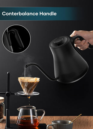 INTASTING Gooseneck Electric Kettle with ±1°F Temperature Control 0.9 Liter | 1500W Quick Heating, Stainless Steel Inner, Pour Over Coffee & Tea, Keep Warm, Auto Shut-Off, Built-in Brew Timer, Black