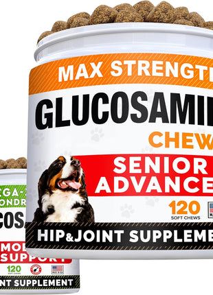 Senior Advanced Glucosamine Joint Supplement + Glucosamine Treats for Dogs Bundle - Hip & Joint Pain Relief + Advanced Mobility - Omega-3 Fish Oil, Chondroitin, MSM - Small + Large Breeds - 240 Chews