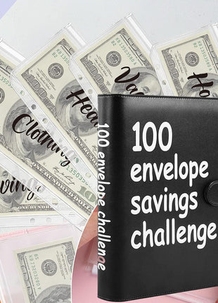 100 Envelopes Money Saving Challenge, 100 Envelope Challenge Binder, Easy and Fun Way to Save $5,050, Savings Challenges Budget Book Binder with Cash Envelopes for Office,Home,School (Black)