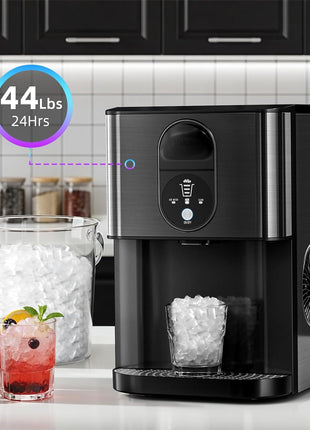 Nugget Ice Makers Countertop, Pellet Ice Maker Machine Dispenser with Water Reservoir, Self-Cleaning, 44lbs/24H Soft Chewable Ice Maker Machine for Home/Kitchen/Office, Black Stainless