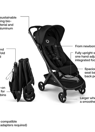 Bugaboo Butterfly 2 Ultra-Compact Travel Stroller One-Second Fold | Airplane carry-on approved, reclining seat, suspension wheels, adjustable footrest, Black