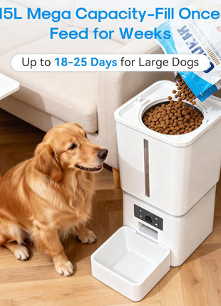 Automatic Dog Feeder Large Breed, 15L/63 Cups Auto Dog Food Dispenser | Anti-Clog Design for 2–23mm Large Kibble, 1080P HD Camera & Night Vision, Easy Setup 5G WiFi App Control for Busy Pet Parents