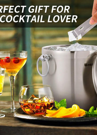 Ice Bucket with Lid, Scoop, Tongs and Strainer - Well Made Insulated Stainless Steel Keep Ice Frozen Longer - Ideal for Cocktail Bar, Parties, Chilling Wine, Champagne - 3 Liter (Stainless Steel)