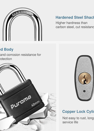 Puroma 2 Keyed Padlock with 3 Keys 7/8" School Locker Lock Gate 40mm Black | For Gym Locker Gate Outdoor, Keyed Alike, Hardened Steel Shackle, Weather-resistant, Resist cut & pry, Multi-pin cylinders