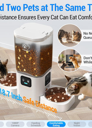 Frienhund Dual Automatic Cat Feeder with Camera for 2 Cats: 5G WiFi Automatic Dog Feeder with Night Vision, 7L Auto Cat Food Dispenser with Two Camera for Multiple Pet, Easy to Clean-29 Cup(ACF180W-A)