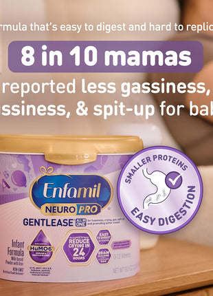 Enfamil NeuroPro Gentlease for easing Fussiness, Crying, Gas, Spit-up in 24 Hrs, Smaller Proteins for Easy Digestion, Brain Supporting DHA, Prebiotic Blend, HuMO6*, Baby Formula, Reusable Tub, 19.5 Oz