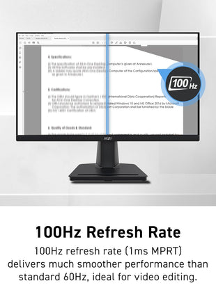 msi PRO MP225V, 22-inch, 1920 x 1080 (FHD) Computer Monitor, 100Hz, Adaptive-Synch, HDMI, Video Port, Low Blue Light, Eye-Q Check, VESA Mountable, Tilt, 1ms, Black