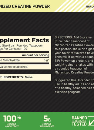 Optimum Nutrition Micronized Creatine Monohydrate Powder, Unflavored, 120 Servings, 600 Grams (Packaging May Vary)