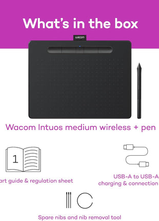 Wacom Intuos Medium Bluetooth Graphics Drawing Tablet, Portable for Teachers, Students and Creators, 4 Customizable ExpressKeys, Compatible with Chromebook Mac OS Android and Windows - Black