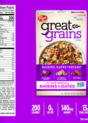 Great Grains Raisins Dates and Pecans Breakfast Cereal, Raisin Cereal with Sweet Dates and Granola Clusters, Non GMO Project Verified, 16 OZ Box