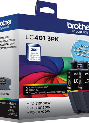 Brother Genuine LC401 Standard Yield 3-Pack Ink Cartridges – Includes 1 Cartridge Each of Cyan, Magenta and Yellow , 3 Count (Pack of 1)