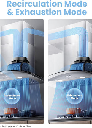COMFEE' 30 Inch Wall Mount Range Hood, 450 CFM Ductless/Ducted Convertible | Island Range Hood 3-Speed Exhaust Fan, Curved Glass Stainless Steel Kitchen Vent Hood, 2 Baffle Filters, 2 LED Lights