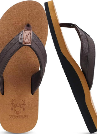 KuaiLu Mens Leather Flip Flops Arch Support Summer Beach Pool Water Thong Sandals Waterproof Essentials Walking Shoes Slip on Orthotic Casual Sport Cushioned Wide Slides Shower Slippers Khaki Size 11