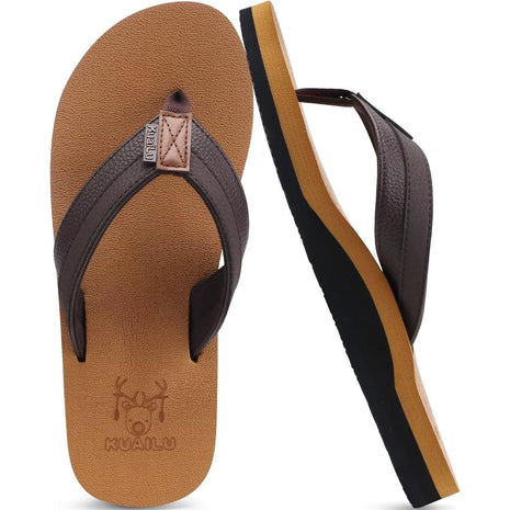 KuaiLu Mens Leather Flip Flops Arch Support Summer Beach Pool Water Thong Sandals Waterproof Essentials Walking Shoes Slip on Orthotic Casual Sport Cushioned Wide Slides Shower Slippers Khaki Size 11