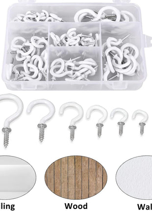 Romeda 90 Pcs White Ceiling Hooks kit, 6 Sizes Vinyl Coated Screw-in Plant, Kitchen, Cup, Ceiling Hooks for Hanging (1/2in, 5/8in,3/4in,7/8in,1'',1-1/4in)