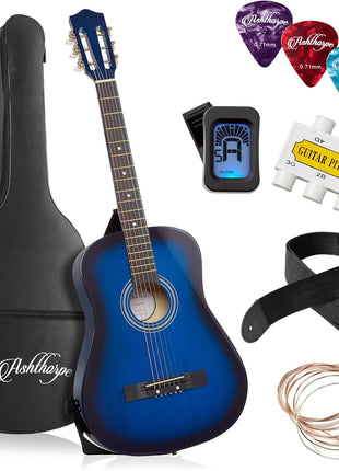 Ashthorpe 38-inch Beginner Acoustic Guitar Package (Blue), Basic Starter Kit w/Gig Bag, Strings, Strap, Tuner, Pitch Pipe, Picks