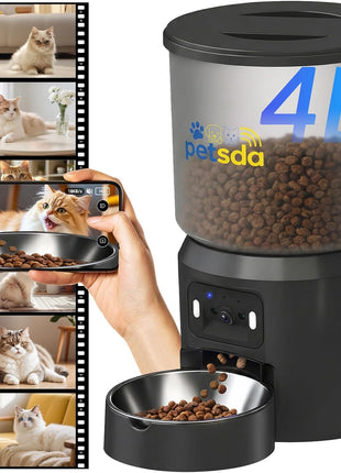 Automatic Cat Feeder with 2K Camera 5G WiFi 4L Timed Dry Food Dispenser APP Control, 15 Meals Programmable 1-20 Portion Per Day Dual Power Supply with Stainless Bowl for Multiple Pet Easy Clean