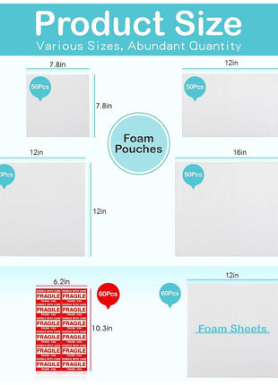 320 pcs Moving Packaging Supplies, 260 Cushioning Foam Pouches and Sheets, 4 Sizes (16x12 inch, 12x12 inch, 12x7.8 inch, 7.8x7.8 inch) with 60 Fragile Stickers, Cushion Foam Pouch for Moving, Packaging, Storage.