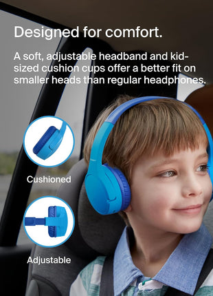 Belkin SoundForm Mini - Wireless Bluetooth Kids Headphones, 30H Battery, 85dB Safe Volume Limit, Built-in Microphone - Toddler On-Ear Earphones for iPhone, iPad - Ideal for School - Blue w/Case