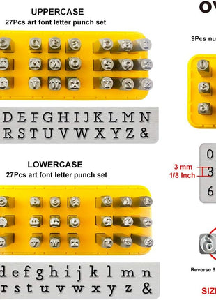 OWDEN Jewelry Metal Stamps kit for Jewelry Stamping Making,Size:(1/8 inch,3mm) 2 Sets Art Font Letter Punch Set (Uppercase and Lowercase) with 1 Set Number Punch Set,1Pc Hammer and 1Pc Steel Bench Block