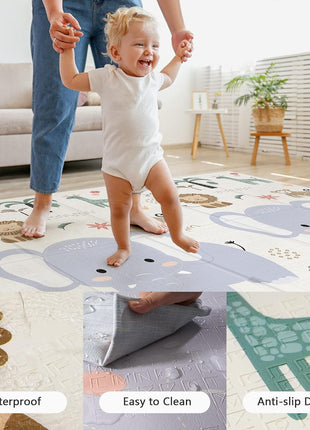 NOONKTY 79x71 Extra Large Baby Play Mat for Floor, Foldable Foam Playmat for Babies 0-12 Months & Kids, Non-Toxic Waterproof Baby Mat, Thick Playpen Mat for Tummy Time Crawling, Elephant